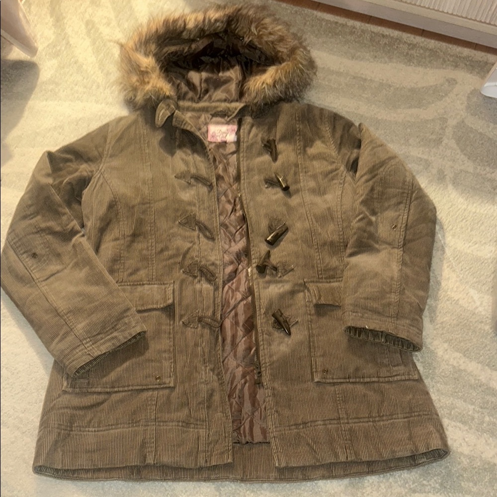 Brown Corduroy Coat with Faux Fur Hood